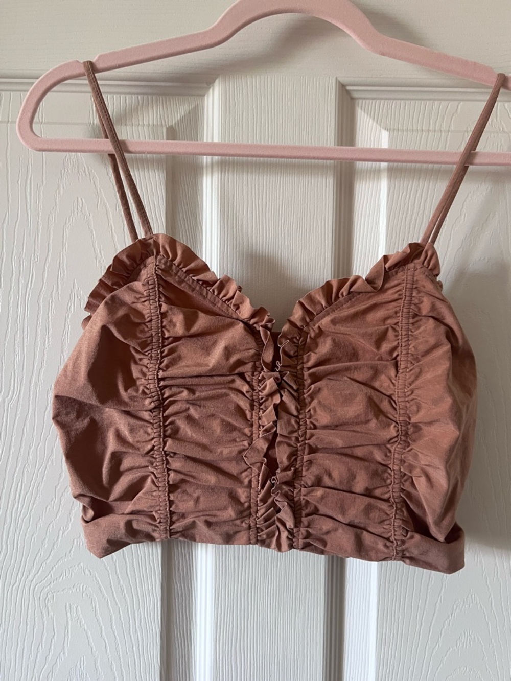 Zara Ruched Ruffle Stretch Cami Festival Crop Top in Mauve Brown / Camel Medium